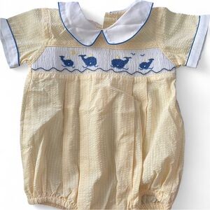 Friedknit Creations Yellow/Blue Whale Embroidered Kids One Piece 3M